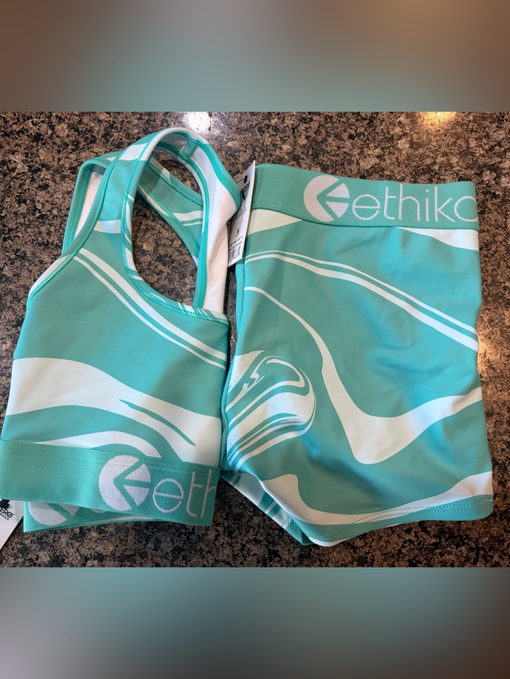 ethika Women's Teal & White Wave Print Swim Crop Top and Bottoms